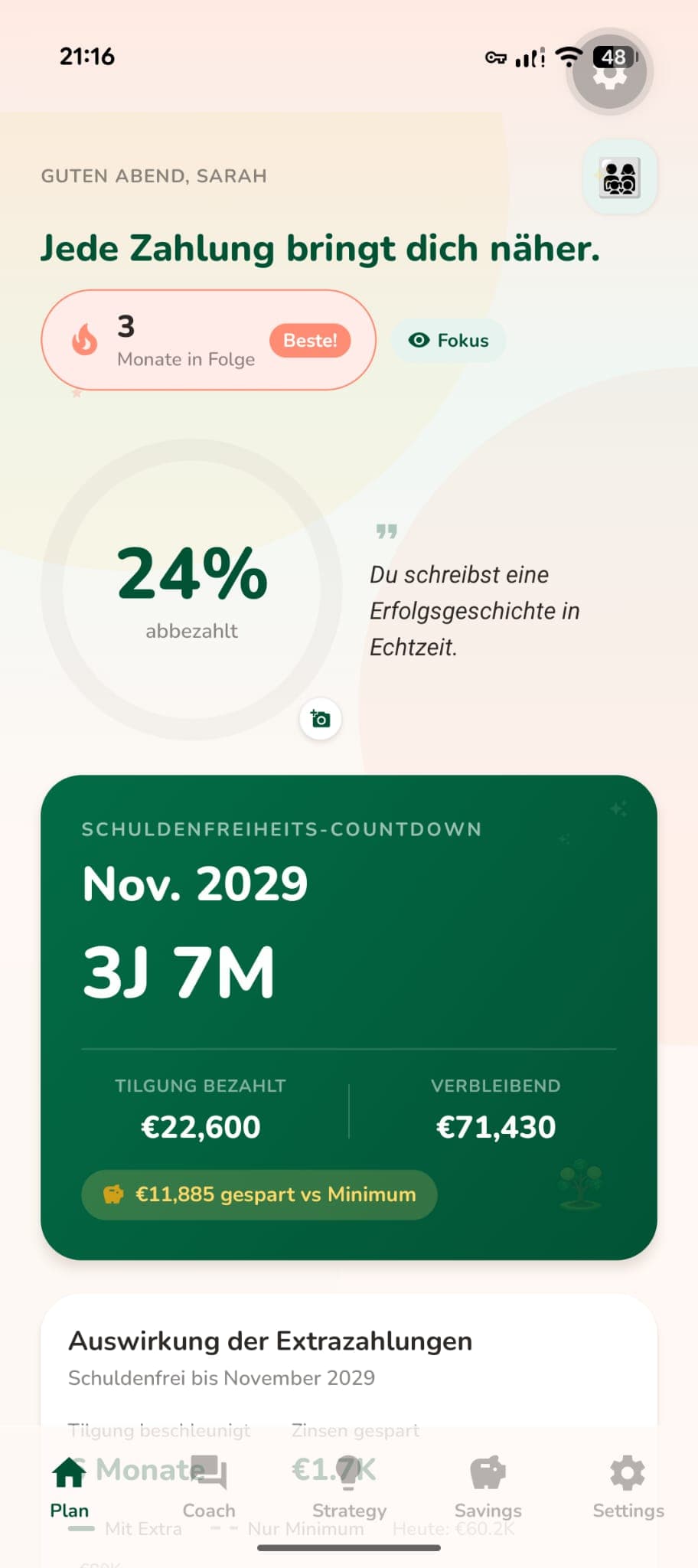 Payoff app dashboard showing debt-free countdown and payment progress