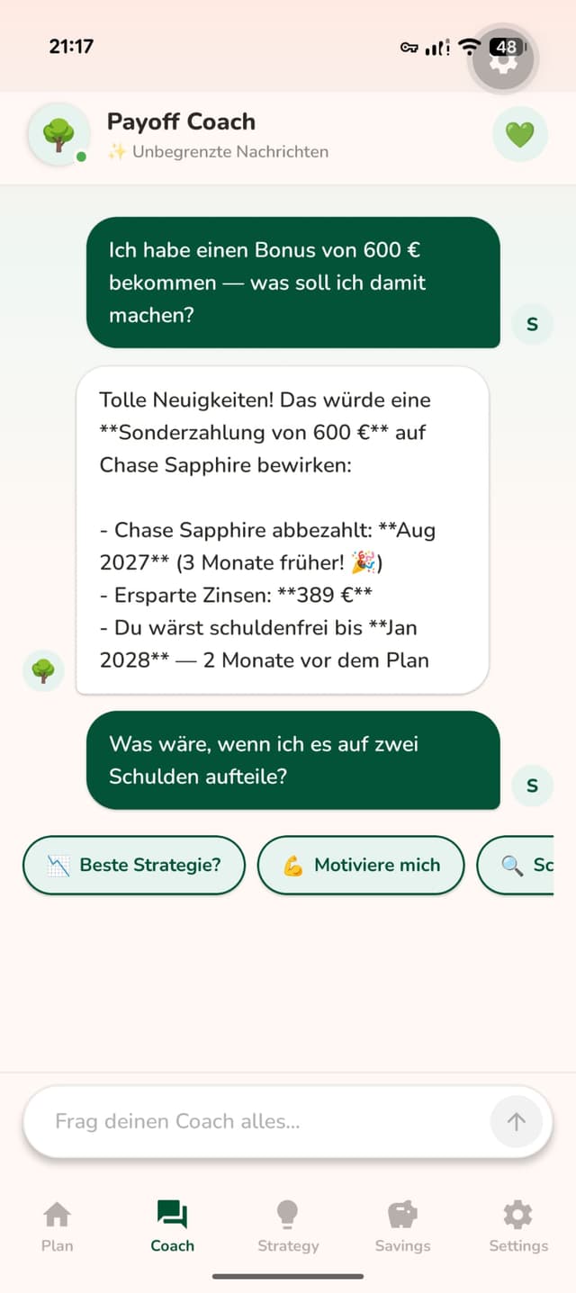 Payoff AI debt coach giving personalised advice