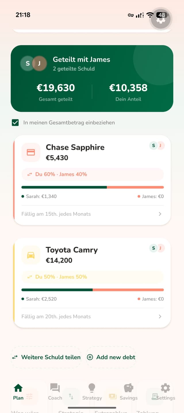 Payoff partner mode showing shared debts