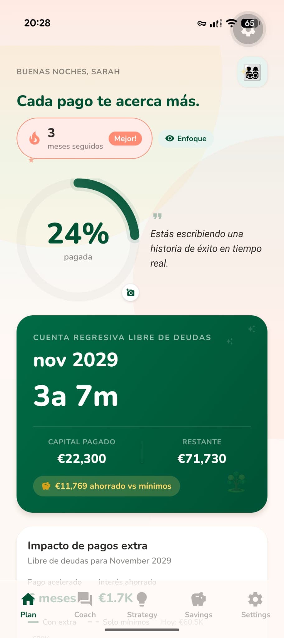 Payoff app dashboard showing debt-free countdown and payment progress