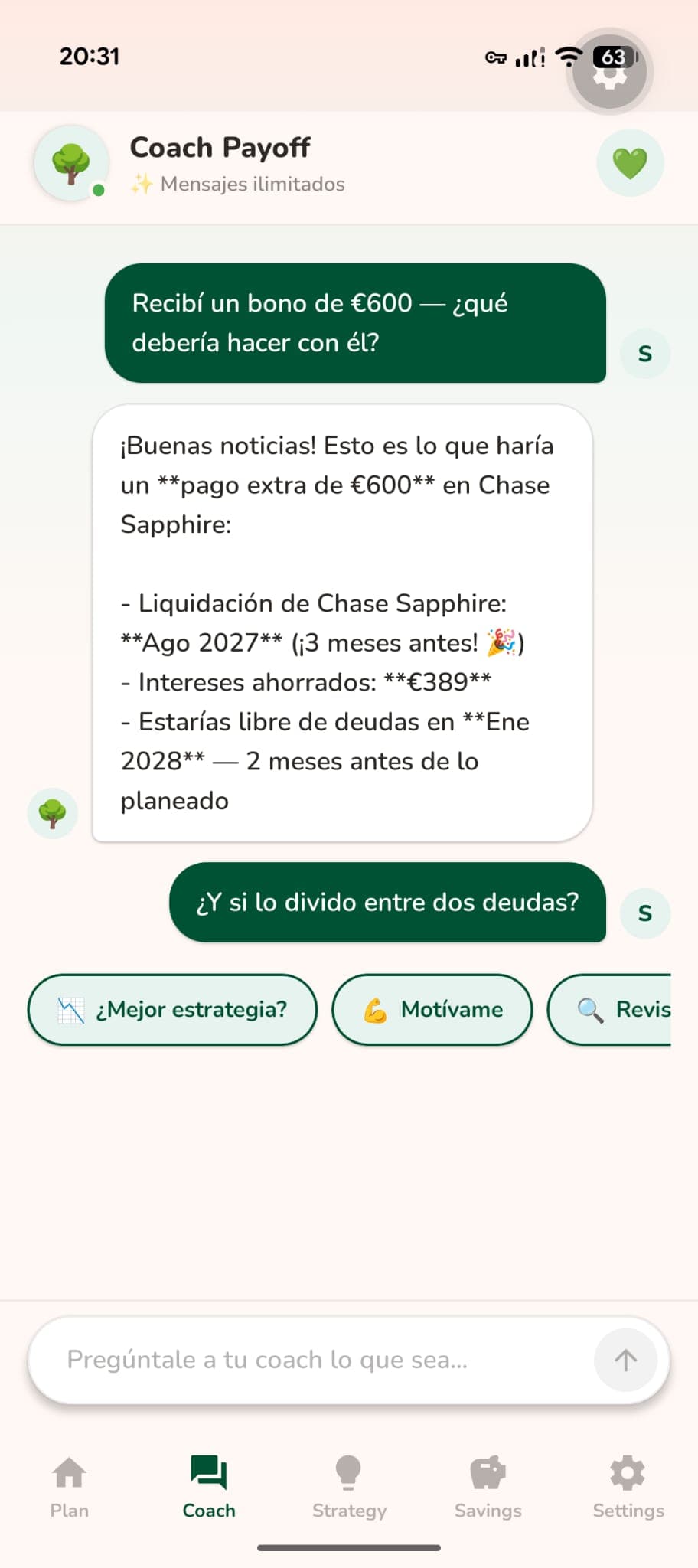 Payoff AI debt coach giving personalised advice