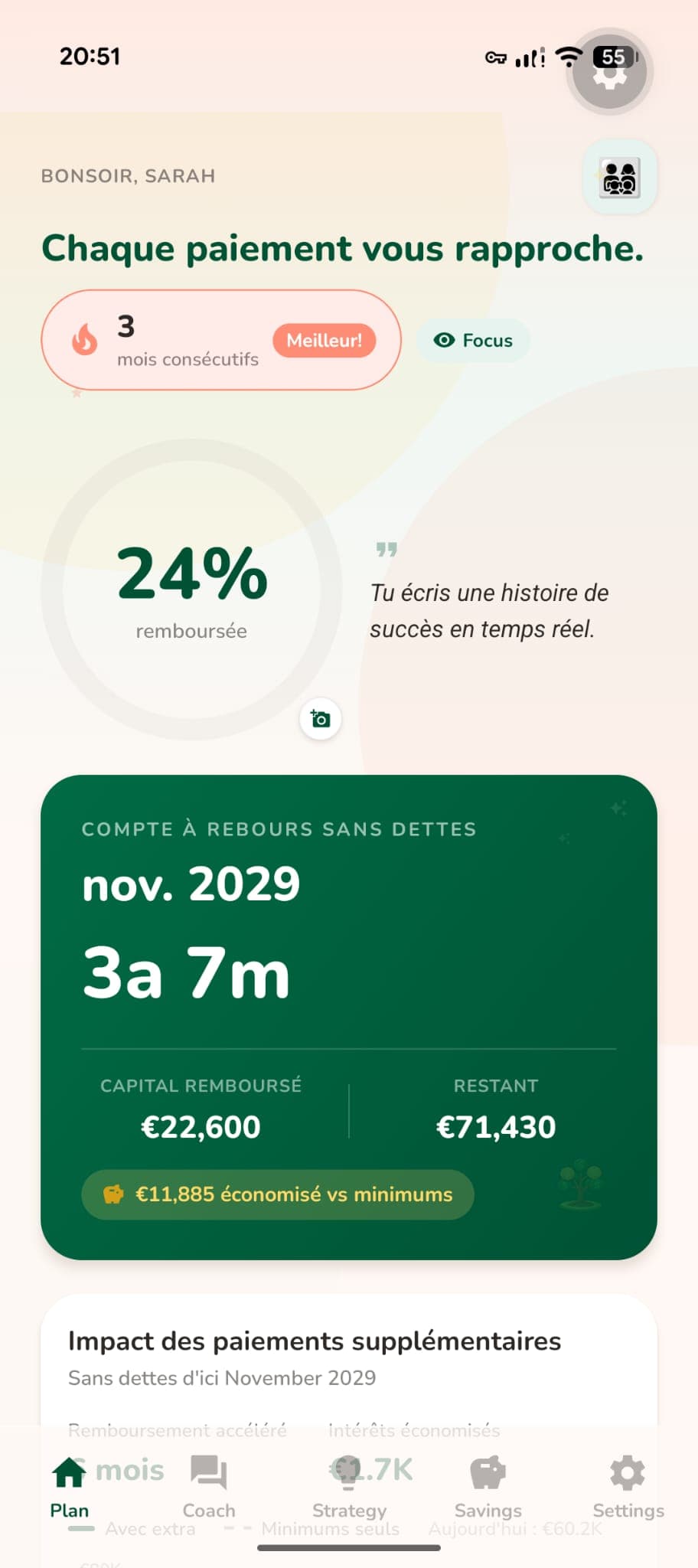 Payoff app dashboard showing debt-free countdown and payment progress