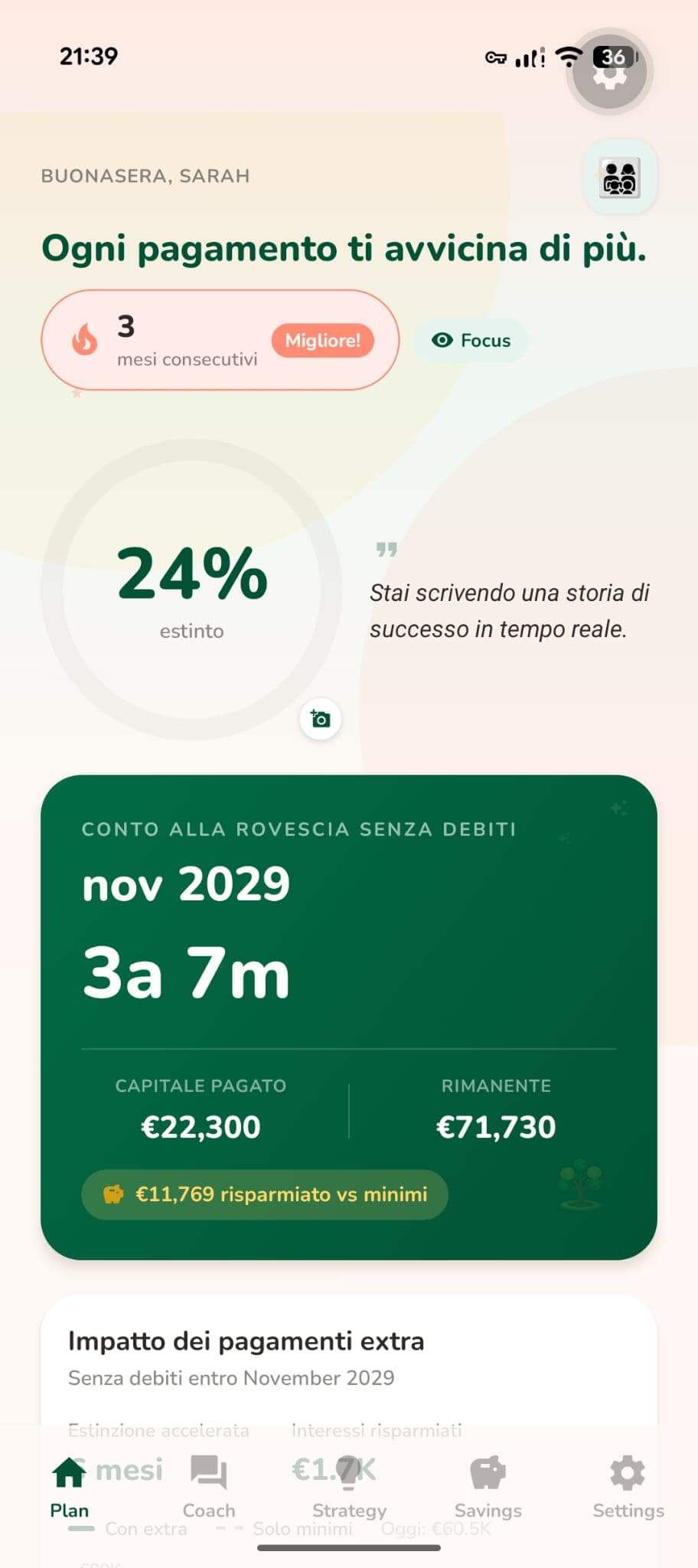 Payoff app dashboard showing debt-free countdown and payment progress