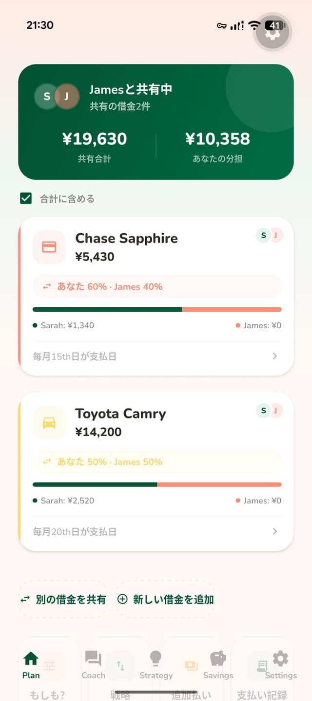 Payoff partner mode showing shared debts