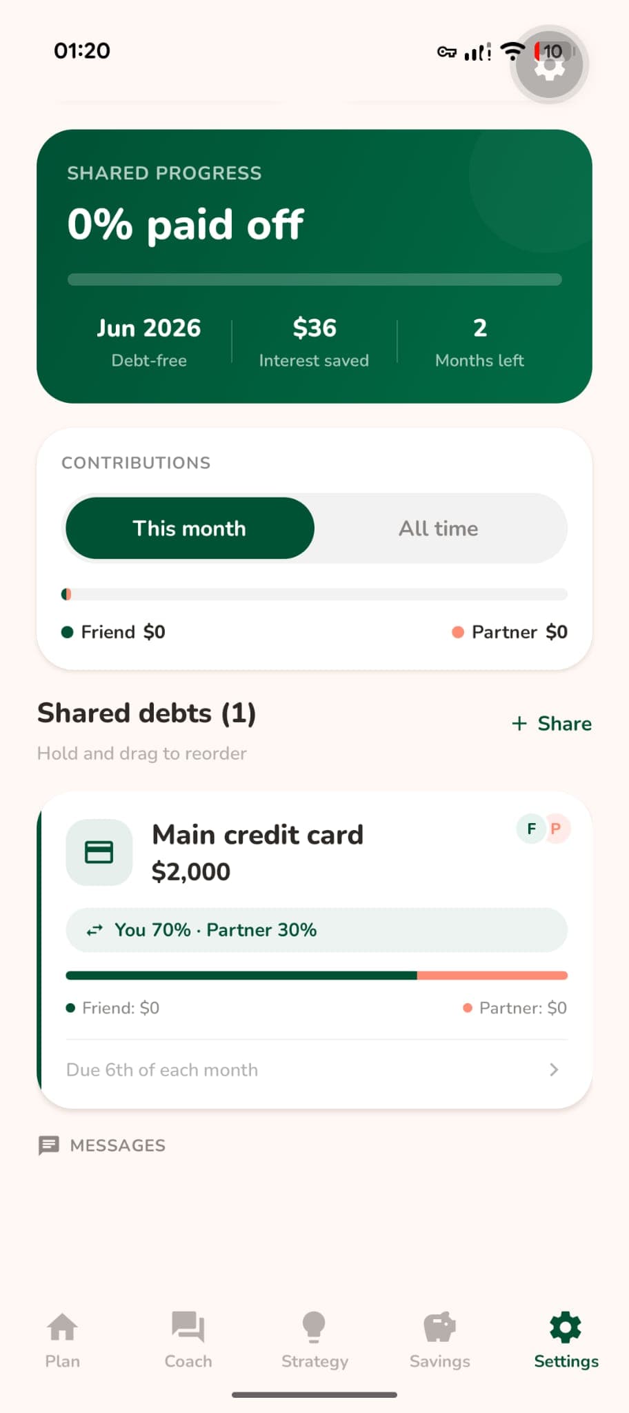 Shared progress dashboard showing combined debt-free date and interest saved