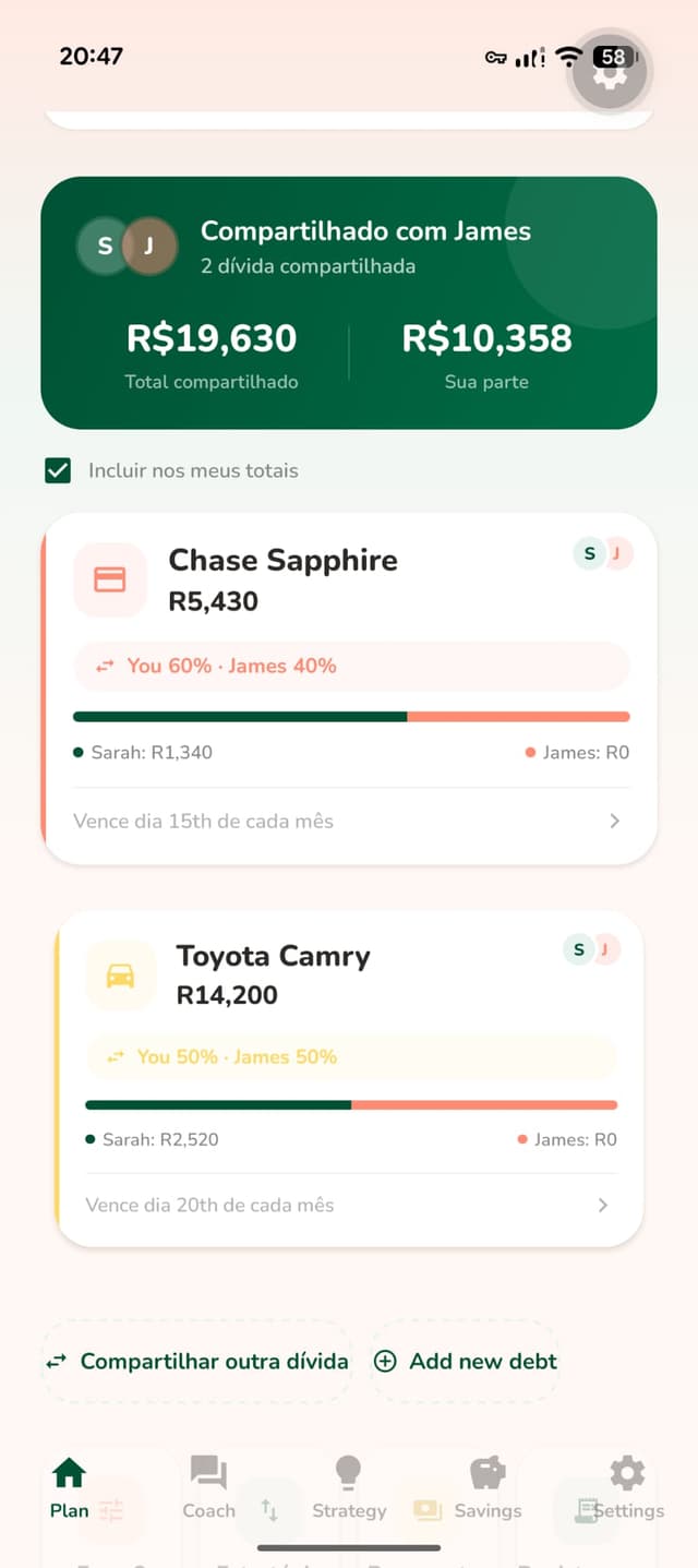 Payoff partner mode showing shared debts